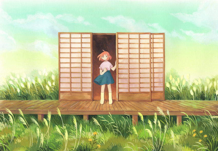 1girl bangs blue_skirt flower hand_on_own_chest heikala highres kneehighs looking_ahead meadow nature original red_hair shirt short_hair short_sleeves skirt sky sliding_doors solo standing white_legwear white_shirt