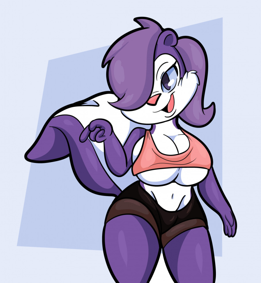 anthro big_breasts bottomwear breast_squish breasts clothing crop_top female fifi_la_fume hair hair_over_eye hi_res hotpants looking_at_viewer mammal mephitid one_eye_obstructed shirt shorts skunk solo someth1ngoranother squish tiny_toon_adventures topwear under_boob warner_brothers