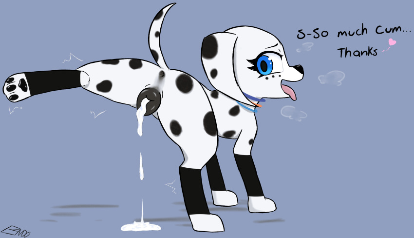 101_dalmatian_street 101_dalmatians absurd_res bodily_fluids canid canine canis cum cum_inside cum_leaking dalmatian disney dolly_(101_dalmatians) domestic_dog endo_(artist) female feral genital_fluids hi_res mammal pawpads raised_leg shaking simple_background solo text tongue tongue_out