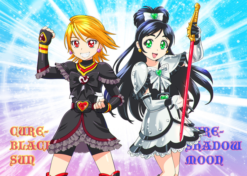 2girls blue_hair brown_hair cure_black cure_white dress earrings futari_wa_precure gloves jewelry kamen_rider kamen_rider_black kamen_rider_black_(series) long_hair looking_at_viewer magical_girl misumi_nagisa multiple_girls open_mouth precure seiyuu_connection shadow_moon short_hair skirt smile ueyama_michirou yukishiro_honoka