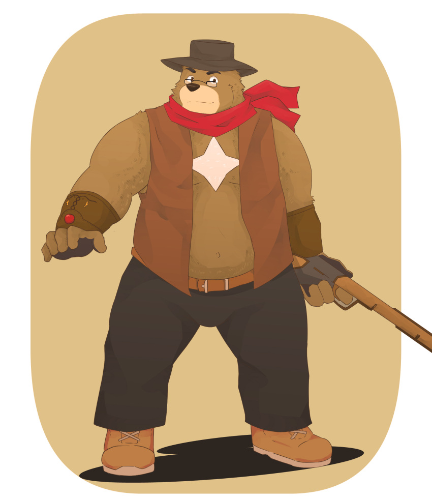 2015 andikapatok anthro bottomwear brown_body brown_fur clothing eyewear fur glasses hat headgear headwear hi_res humanoid_hands kemono male mammal overweight overweight_anthro overweight_male pants simple_background solo ursid