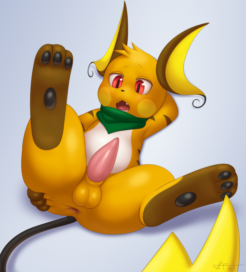 2021 animal_genitalia animal_penis anus balls belly black_pawpads cute_fangs erection feral fur genitals hi_res holding_butt male mammal nintendo open_mouth orange_body orange_fur pawpads paws penis pink_penis pok&eacute;mon pok&eacute;mon_(species) presenting presenting_penis raichu red_eyes rodent scarf simple_background slimefur solo spread_legs spreading tapering_penis video_games white_background white_belly zarro