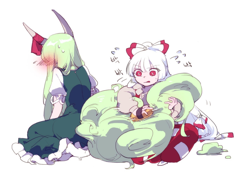 2girls bangs beige_shirt blush bow brush brushing collared_dress collared_shirt dress ex-keine fluffy fujiwara_no_mokou green_dress green_hair hair_bow hime_cut horn_bow horn_ornament horn_ribbon horns kamishirasawa_keine long_hair multicolored_hair multiple_girls newbokk ofuda ofuda_on_clothes pants puffy_short_sleeves puffy_sleeves red_eyes red_neckwear red_pants ribbon shirt short_sleeves sidelocks silver_hair sitting suspenders tail tail_ornament touhou two-tone_hair white_bow