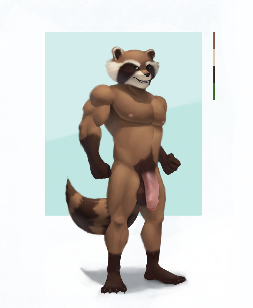 absurd_res anthro athletic athletic_male balls benji_(snorgle) biceps big_penis foreskin genitals guardians_of_the_galaxy hi_res male male/male mammal marvel muscular muscular_male nipples open_mouth penis procyonid pubes raccoon rocket_raccoon snorgle solo solo_focus thick_penis thick_thighs triceps