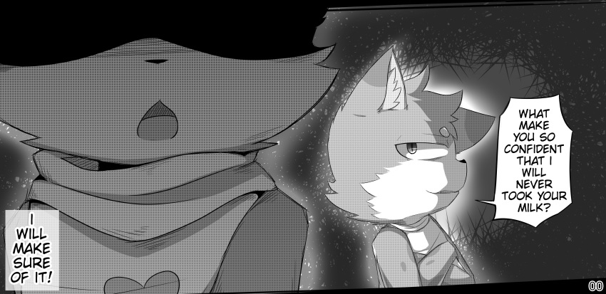 absurd_res anthro biped cheek_tuft dialogue duo english_text evil_kima facial_tuft fangs fur hi_res inner_ear_fluff kima_(kimacats) kimacats male monochrome open_mouth pupils slit_pupils spots spotted_body spotted_fur text tongue tuft