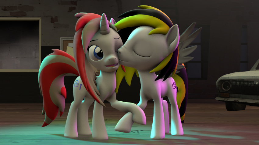 16:9 3d_(artwork) aria_calliope cutie_mark digital_media_(artwork) dj_hazardous duo duo_(character) equid equine fan_character female feral hair hasbro hi_res hoof_hold hooves horn horse kissing kissing_cheek male male/female mammal mr.guinea_pig multicolored_hair my_little_pony open_mouth pegasus pony raised_hoof romantic_couple tongue unicorn widescreen wings