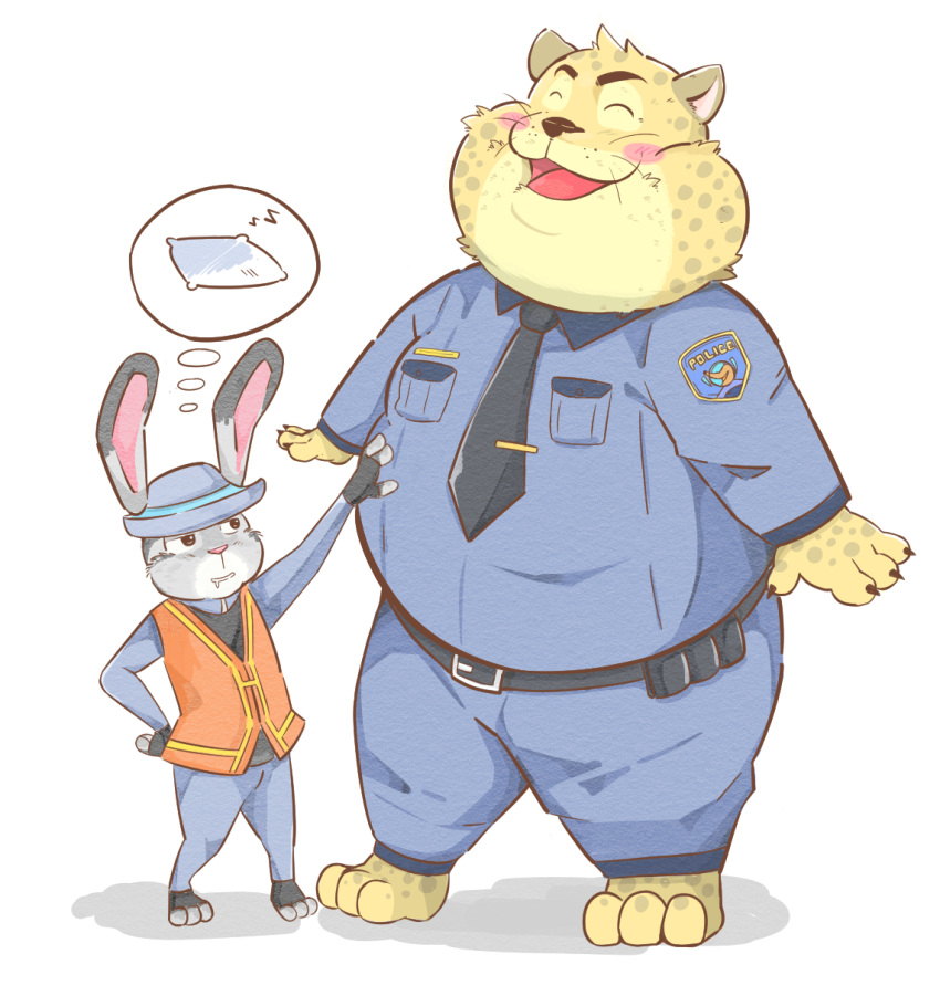 2016 andikapatok anthro benjamin_clawhauser blush bottomwear cheetah clothing disney duo eyes_closed fat_fetish felid feline hat headgear headwear hi_res humanoid_hands judy_hopps kemono lagomorph leporid male mammal necktie overweight overweight_male pants police police_badge police_officer police_uniform rabbit shirt simple_background topwear uniform white_background zootopia