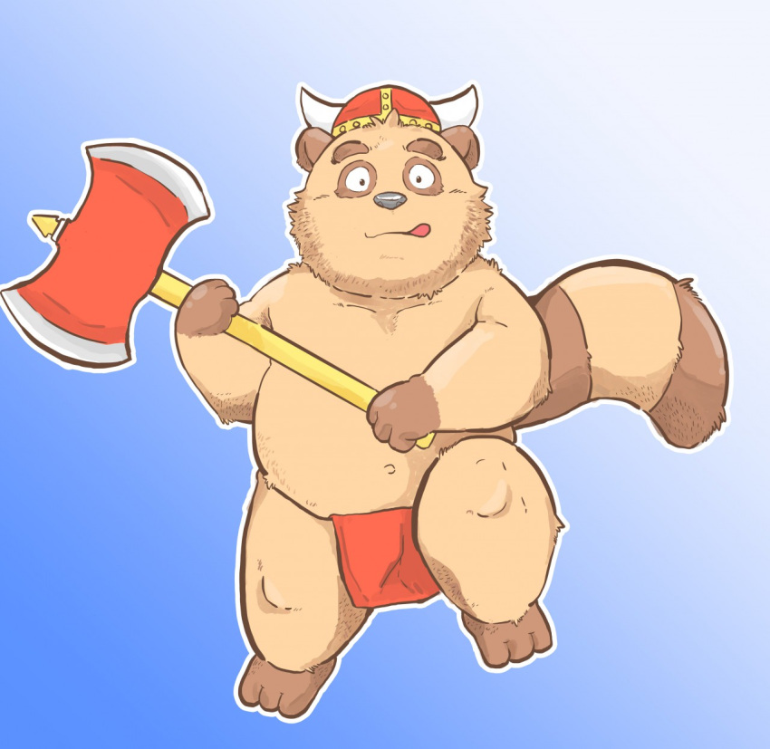 2015 andikapatok anthro axe bottomwear brown_body brown_fur canid canine clothing fur hi_res humanoid_hands kemono loincloth male mammal melee_weapon raccoon_dog simple_background slightly_chubby solo tanuki tongue tongue_out viking_helmet weapon