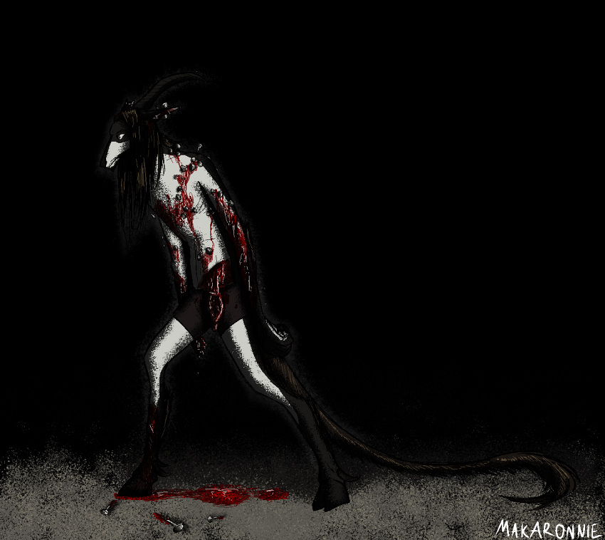 aliasing anthro beard black_background blood bodily_fluids bovid brown_hair clothed clothing countershading dark facial_hair fur gore guts hair hooves horn hybrid intestines long_hair long_tail looking_forward makaronnie male mammal metal nails organs pain sad shaded shadow signature simple_background skinny solo topless torture underwear underwear_only white_body wounded