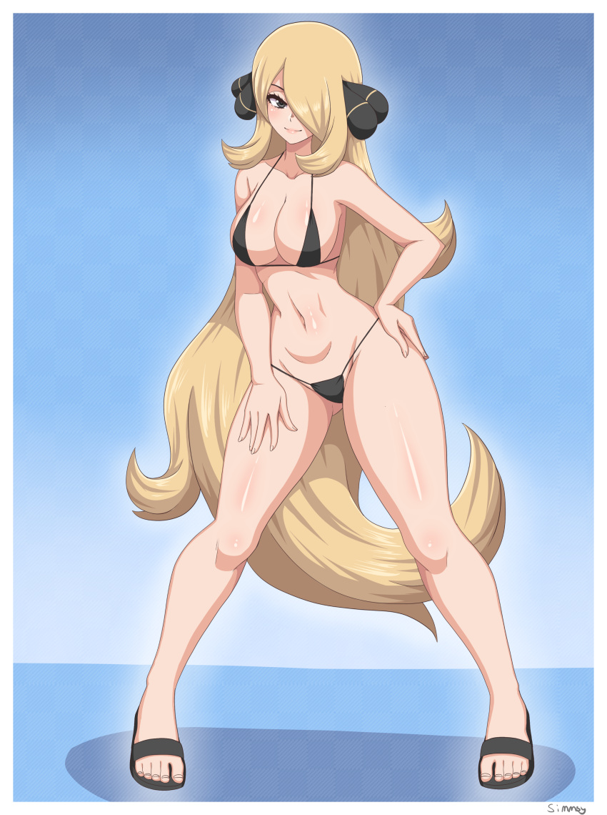 1girl absurdly_long_hair absurdres bikini black_bikini black_swimsuit blonde_hair border breasts closed_mouth collarbone cynthia_(pokemon) fingernails full_body grey_eyes groin hair_ornament hair_over_one_eye hand_on_hip hand_on_own_thigh highres large_breasts leaning_to_the_side long_hair looking_at_viewer micro_bikini navel pokemon pokemon_(game) pokemon_dppt pose sandals simmsy smile solo standing stomach swimsuit toes very_long_hair