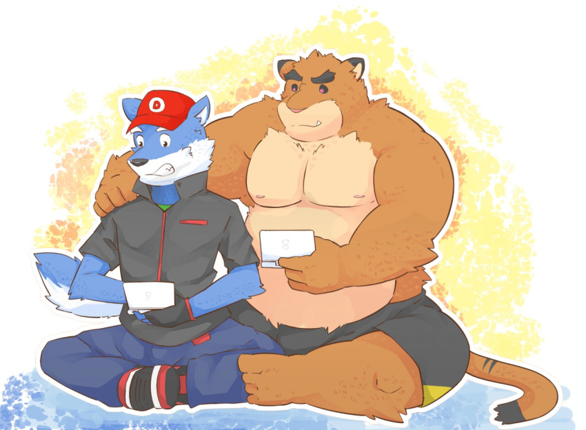 2015 andikapatok anthro belly blue_body blue_fur bottomwear brown_body brown_fur canid canine canis clothing duo felid feline fur gaming hat headgear headwear humanoid_hands kemono male mammal nintendo nintendo_ds nintendo_ds_family overweight overweight_male pants playing_videogame shirt shorts sitting topwear video_games white_body white_fur wolf