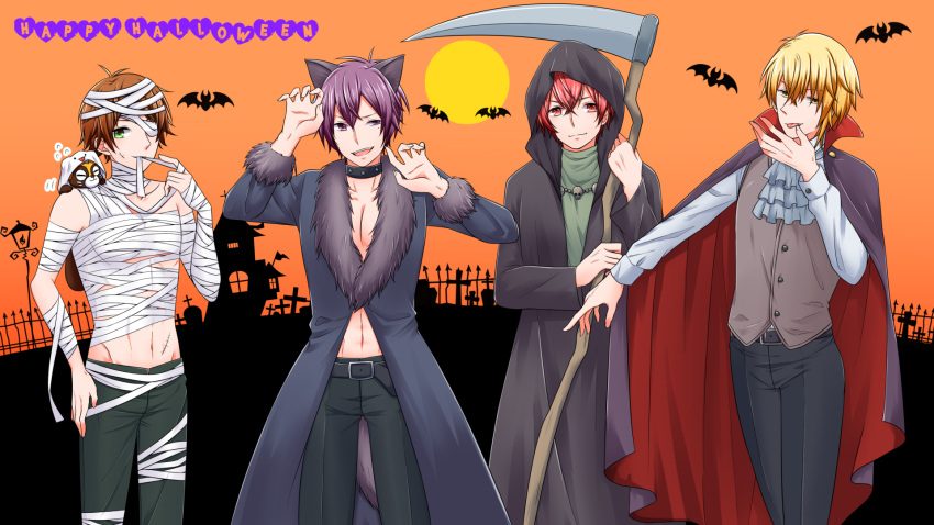 4boys aho_no_sakata animal_costume animal_ears blonde_hair brown_hair collar fox_costume fox_ears green_eyes halloween halloween_costume highres multiple_boys mummy_costume muscular niconico pants purple_eyes purple_hair red_eyes red_hair rummy_73 senra_(singer) shima_(niconico) sickle urashimasakatasen uratanuki utaite_(singer) vampire_costume yellow_eyes