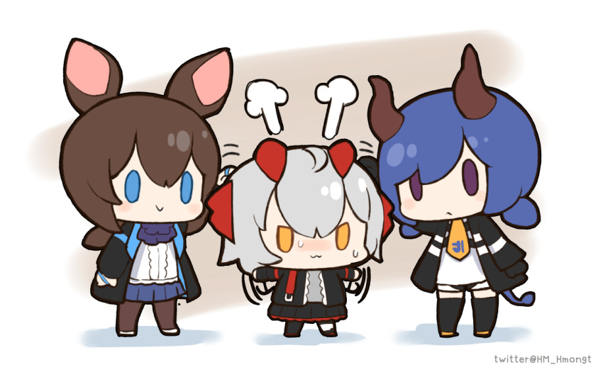 3girls :&gt; :&lt; :3 =3 ambience_synesthesia amiya_(arknights) animal_ears arknights ascot black_jacket black_legwear black_skirt blue_eyes blue_hair blue_neckwear blue_skirt blush brown_hair brown_legwear bunny_ears ch'en_(arknights) chibi commentary demon_horns dragon_horns dragon_tail grey_hair grey_shirt headpat hm_(hmongt) horns jacket multiple_girls necktie nose_blush open_clothes open_jacket pantyhose pleated_skirt purple_eyes shirt short_twintails shorts skirt sweatdrop tail thighhighs twintails twitter_username v-shaped_eyes w_(arknights) waving_arms white_background white_shirt yellow_eyes yellow_neckwear