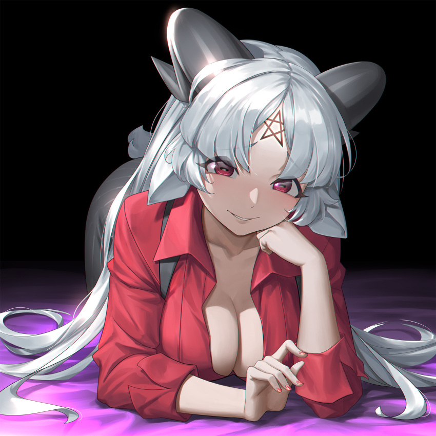 1girl all_fours animal_ears bangs baphomet_(grizz) black_background borrowed_character breasts cleavage demon_girl eyebrows_visible_through_hair facial_mark forehead_mark goat_ears goat_horns head_rest helltaker highres horizontal_pupils horns large_breasts long_hair looking_at_viewer nail_polish parted_bangs parted_lips red_eyes red_nails silver_hair simple_background smile solo sunkilow tail