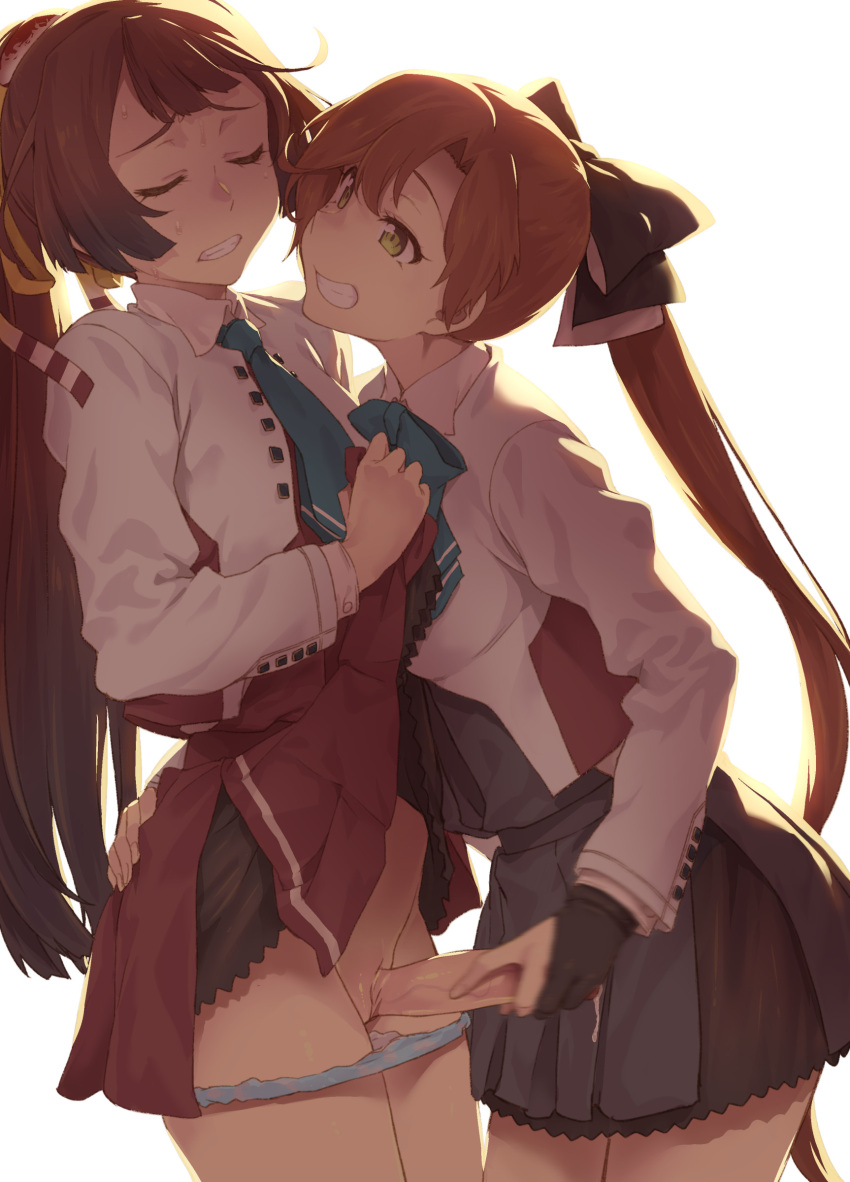 2girls absurdres akigumo_(kancolle) black_bow black_skirt blue_panties bow brown_hair clenched_teeth closed_eyes commentary_request futanari green_eyes green_neckwear hair_bow hair_ribbon handjob highres kantai_collection kazagumo_(kancolle) long_hair long_sleeves looking_at_another motion_blur multiple_girls necktie panties panty_pull penis ponytail precum ribbon shirt simple_background skirt smile sweatdrop takemura_sesshuu teeth underwear very_long_hair white_background white_shirt yellow_ribbon