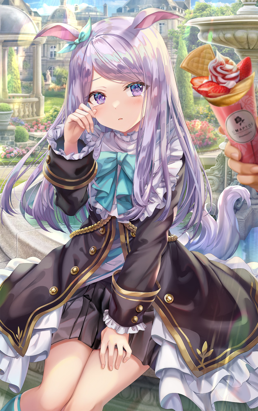 1girl animal_ears aqua_neckwear aqua_ribbon blush bow bowtie commentary_request ear_ribbon fingernails food highres holding holding_food horse_ears horse_girl horse_tail long_hair long_sleeves mejiro_mcqueen_(umamusume) outdoors purple_eyes purple_hair ribbon sitting solo_focus tail tears torino_akua umamusume uniform