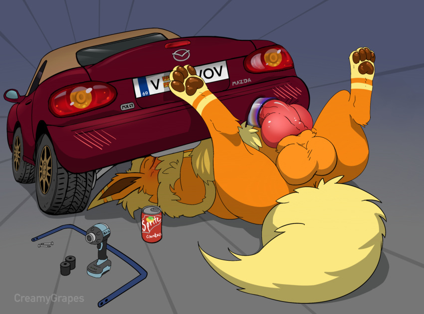 animal_genitalia animal_penis anthro anus balls beverage_can big_balls big_penis blush canine_penis car chest_tuft convertible creamygrapes eeveelution exhaust eyes_closed fan_character feral flareon fluffy fluffy_tail fur genitals head_tuft hi_res knot leg_markings legs_up license_plate lying makita male markings mazda mazda_miata mazda_mx-5 mechanophilia mirror nintendo on_back orange_body orange_fur pawpads paws penis pok&eacute;mon pok&eacute;mon_(species) power_tool sheath socks_(marking) solo spread_legs spreading sprite_cranberry swaybar taillights tailpipe tire tools tuft vehicle video_games vovo yellow_tail