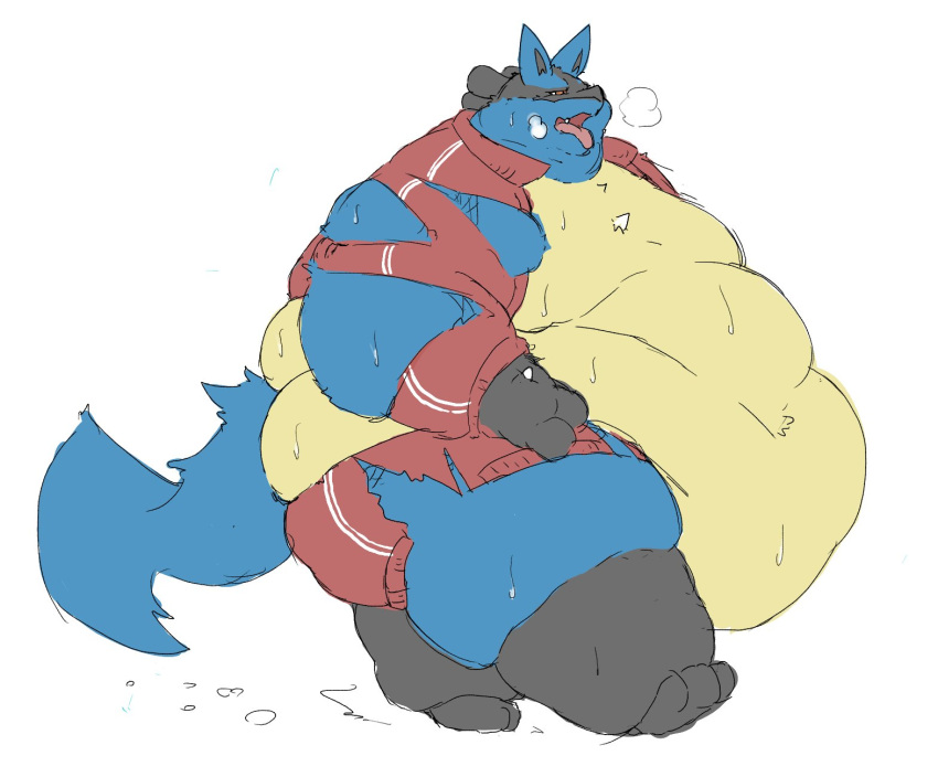 ambiguous_gender anthro belly blue_body bodily_fluids clothing feral gabu2929 hi_res lucario morbidly_obese nintendo obese overweight pok&eacute;mon pok&eacute;mon_(species) solo sweat torn_clothing video_games yellow_belly