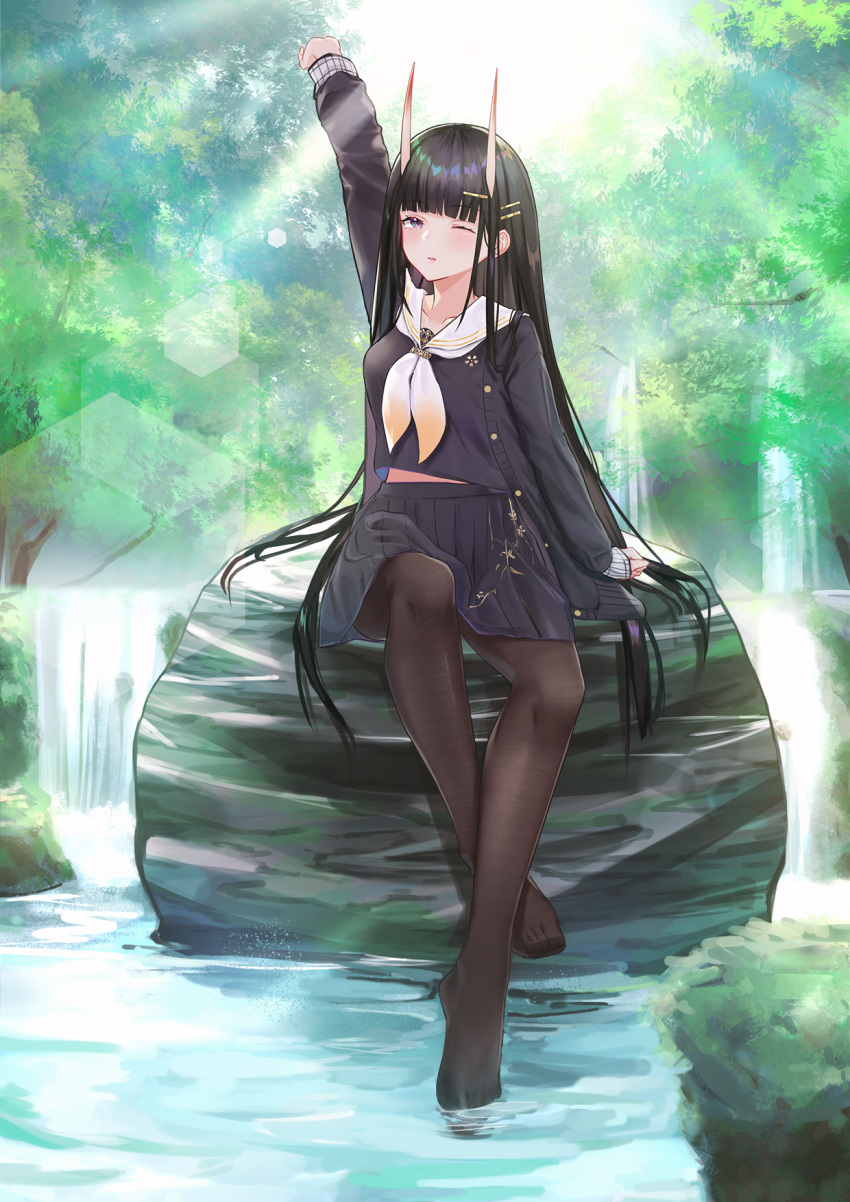 arm_up azur_lane bangs black_cardigan black_hair black_legwear black_serafuku black_shirt black_skirt blunt_bangs blush cardigan commentary_request day eyebrows_visible_through_hair full_body highres horns lim_(ramu) long_hair long_sleeves looking_at_viewer neckerchief no_shoes noshiro_(azur_lane) one_eye_closed oni oni_horns open_cardigan open_clothes outdoors pantyhose purple_eyes sailor_collar school_uniform serafuku shirt sitting skirt very_long_hair water white_neckwear white_sailor_collar