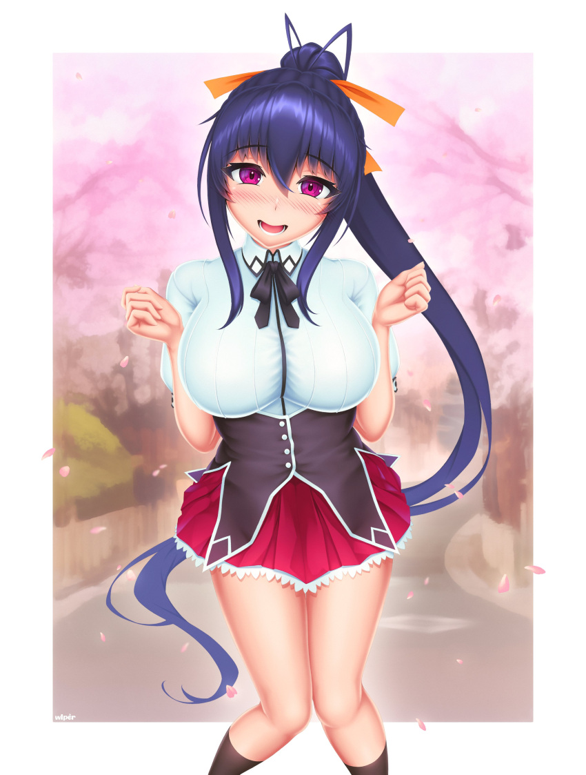 1girl absurdres blue_hair blush breasts commentary english_commentary hair_ribbon high_school_dxd highres himejima_akeno kuoh_academy_school_uniform large_breasts long_hair looking_at_viewer open_mouth ponytail purple_eyes ribbon school_uniform skirt smile socks solo standing very_long_hair wlper