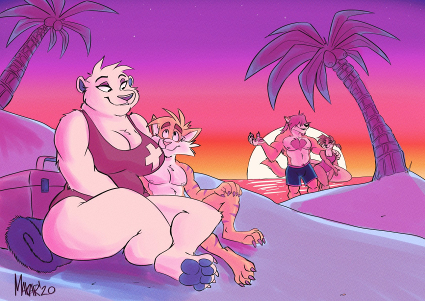 anthro beach breasts cleavage clothed clothing female fur hair hi_res larger_female lifeguard makardraws male mammal one-piece_swimsuit polar_bear seaside size_difference smaller_male swimwear ursid ursine white_body white_fur white_hair