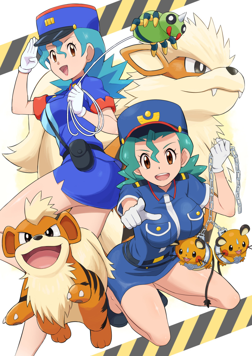 1girl :d absurdres arcanine bangs black_footwear blue_headwear blue_shirt blue_skirt breasts brown_eyes commentary_request cuffs dedenne eyelashes gen_1_pokemon gen_2_pokemon gen_6_pokemon gloves green_hair growlithe hair_between_eyes handcuffs hat highres holding jenny_(pokemon) long_hair multiple_views necktie open_mouth pointing pokemoa pokemon pokemon_(anime) pokemon_(creature) shirt shoes short_sleeves skirt smile spinarak tongue upper_teeth white_gloves white_neckwear