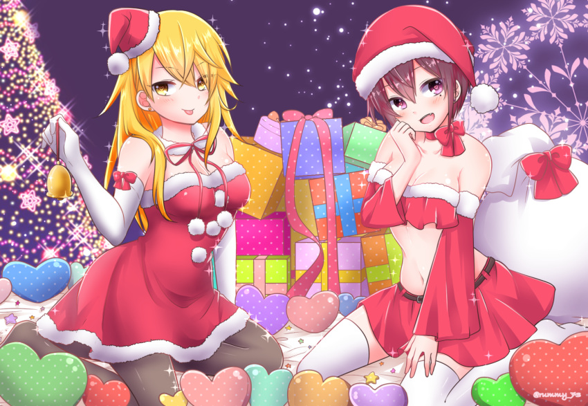 2girls blonde_hair bow bowtie breasts christmas christmas_gift christmas_tree gift hat long_hair multiple_girls niconico night night_sky purple_hair rummy_73 santa_costume santa_hat senko_(urashimasakatasen) senra_(singer) shima_(niconico) shimako_(urashimasakatasen) short_hair skirt sky thighhighs tongue urashimasakatasen utaite_(singer) yellow_eyes