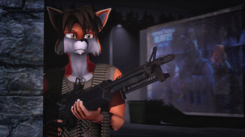 2021 3d_(artwork) absurd_res anthro billboard brown_hair canid canine cheek_tuft digital_media_(artwork) dumpster facial_tuft fox fur gold97fox gun hair hi_res holding_object holding_weapon machine_gun male mammal night orange_body orange_eyes orange_fur ranged_weapon red_fox solo source_filmmaker street_lamp tuft weapon white_body white_fur worried_expression worried_face