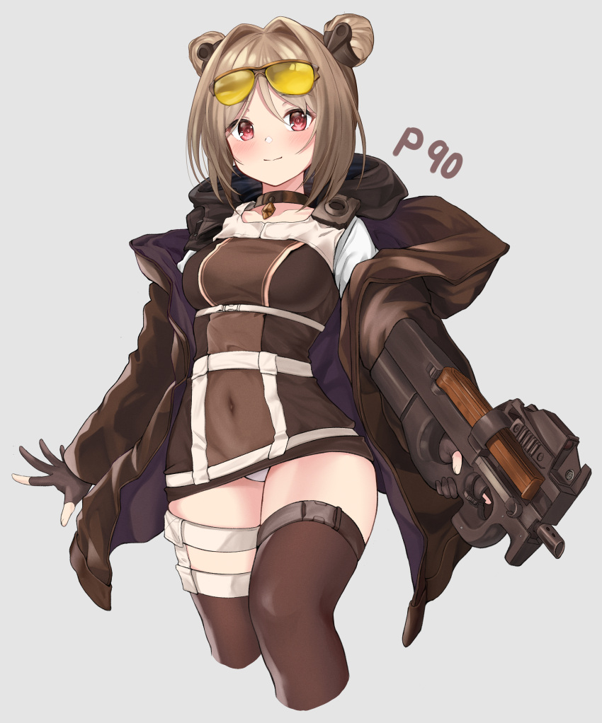 1girl absurdres blush breasts brown_hair bullpup character_name commentary_request covered_navel cowboy_shot double_bun eyewear_on_head girls_frontline gloves grey_background gun hako_reeema highres holding holding_gun holding_weapon jacket medium_breasts off_shoulder p90 p90_(girls_frontline) panties red_eyes short_hair smile solo submachine_gun sunglasses thigh_strap thighhighs trigger_discipline underwear weapon white_panties