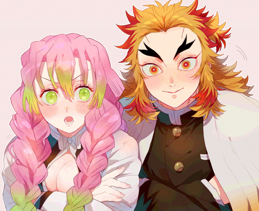 &gt;:) 1boy 1girl :o bangs black_shirt blonde_hair blush breasts buttons cape cleavage commentary crossed_arms gradient_hair green_eyes green_hair highres kanroji_mitsuri kimetsu_no_yaiba large_breasts long_hair looking_at_viewer mole mole_under_eye multicolored_hair pink_hair pink_nails radioz rengoku_kyoujurou shirt sidelocks streaked_hair thick_eyebrows tri_braids upper_body v-shaped_eyebrows white_cape yellow_eyes