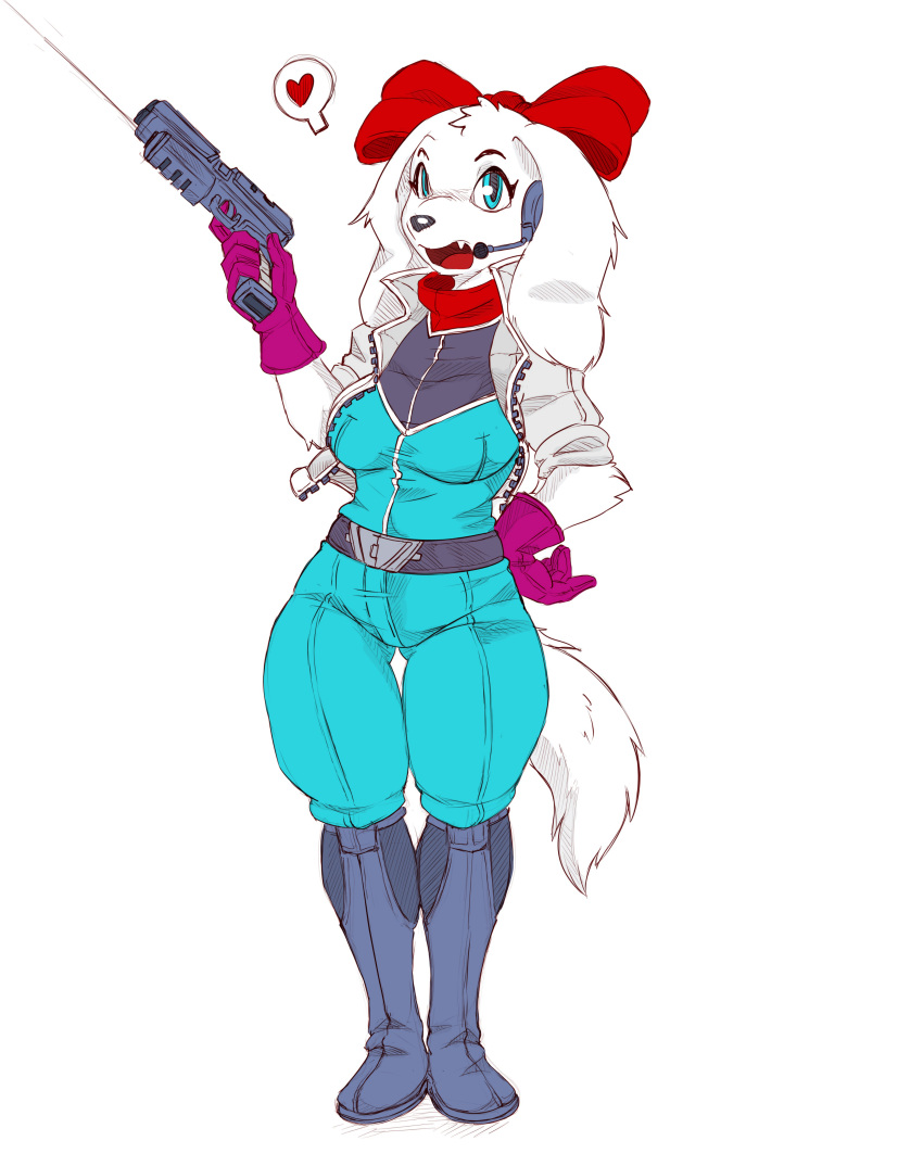 &lt;3 absurd_res anthro bird_dog blue_eyes boots bow_(disambiguation) breasts canid canine canis clothing colored domestic_dog fay_spaniel female footwear gloves gun handwear headphones hi_res hunting_dog jacket laser laser_gun mammal medium_breasts nintendo pixiepaws ranged_weapon simple_background solo spaniel star_fox thigh_gap topwear video_games weapon white_background