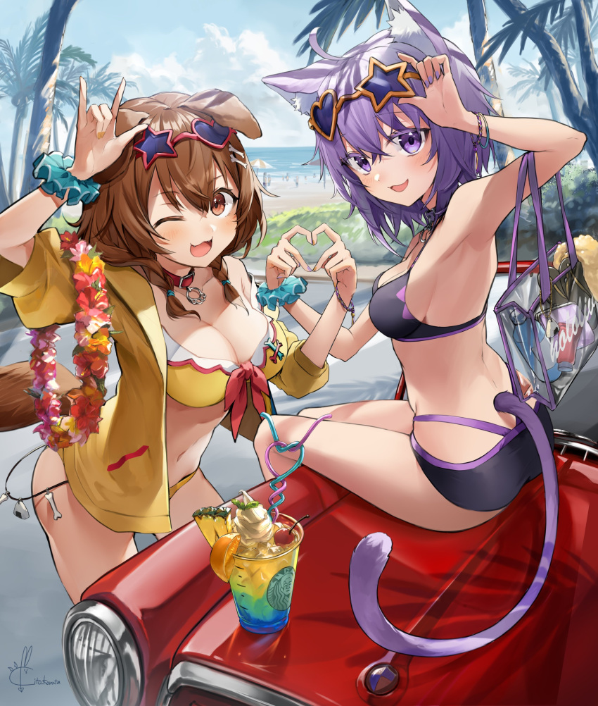 2girls ;d absurdres ahoge animal_ear_fluff animal_ears aqua_scrunchie armpits bag bikini bikini_under_clothes black_bikini blush bone_hair_ornament bracelet braid breasts brown_hair cat_ears cat_tail cleavage collar collarbone dog_ears dog_tail eyewear_on_head fangs hair_ornament heart heart-shaped_eyewear heart_hands heart_hands_duo highres hololive innertube inugami_korone jacket jewelry kito_koruta leaning_forward long_hair looking_at_viewer medium_breasts multiple_girls navel nekomata_okayu off_shoulder one_eye_closed open_clothes open_jacket open_mouth purple_eyes purple_hair red-framed_eyewear red_eyes scrunchie shirt signature sitting smile star-shaped_eyewear sunglasses swimsuit tail twin_braids virtual_youtuber wrist_scrunchie yellow_bikini yellow_jacket yellow_shirt