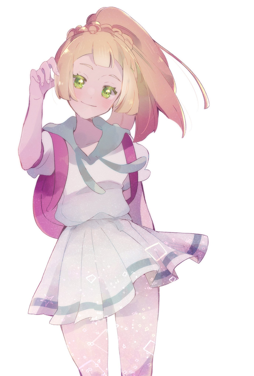 1girl backpack bag blonde_hair blush braid closed_mouth commentary eyelashes french_braid green_eyes hand_up highres lillie_(pokemon) long_hair looking_at_viewer ohds101 pleated_skirt pokemon pokemon_(game) pokemon_sm ponytail purple_bag sailor_collar shirt short_sleeves simple_background skirt smile solo white_background white_shirt white_skirt