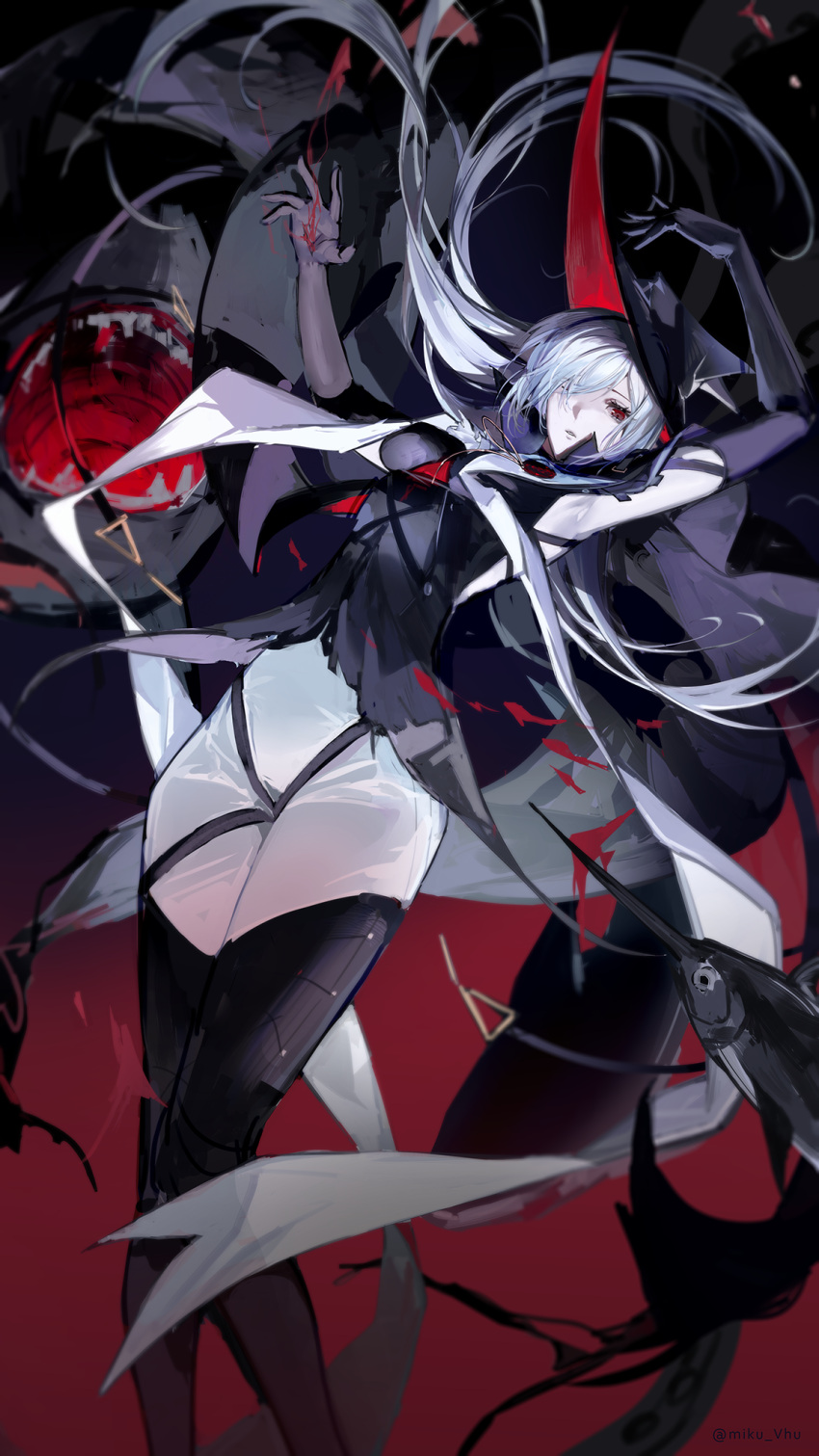 1girl arknights armpits ascot bare_shoulders black_coat black_dress black_gloves black_headwear black_legwear blood chinese_commentary coat commentary_request dress elbow_gloves feet_out_of_frame gladiia_(arknights) gloves hat highres looking_at_viewer pants pointy_ears red_eyes shark silver_hair swordfish thighhighs tight tight_pants vhumiku white_neckwear white_pants