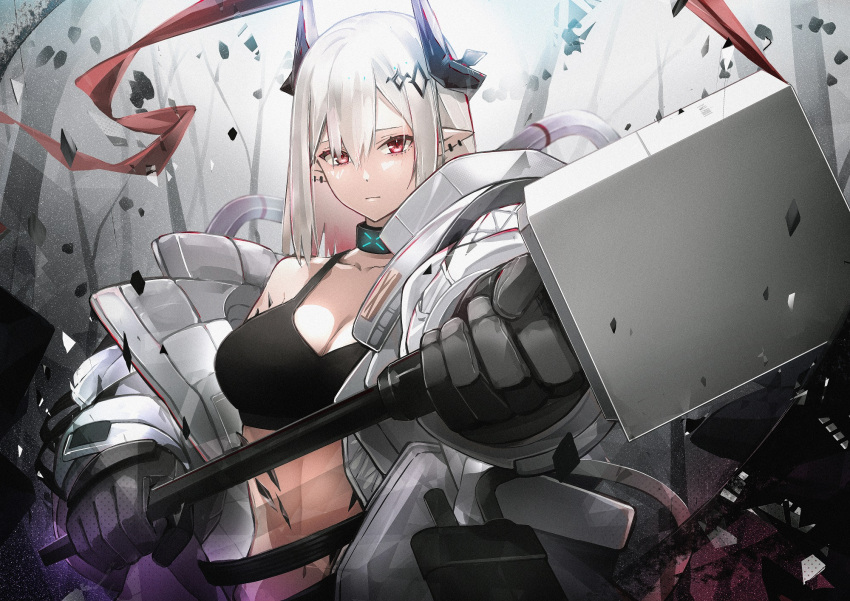 1girl arknights bangs bare_shoulders black_choker black_gloves breasts choker cleavage cno collarbone commentary_request crop_top gloves hair_between_eyes hammer highres holding holding_hammer holding_weapon horns large_breasts long_hair looking_at_viewer midriff mudrock_(arknights) navel off_shoulder oripathy_lesion_(arknights) pointy_ears red_eyes revision silver_hair solo sports_bra stomach upper_body weapon