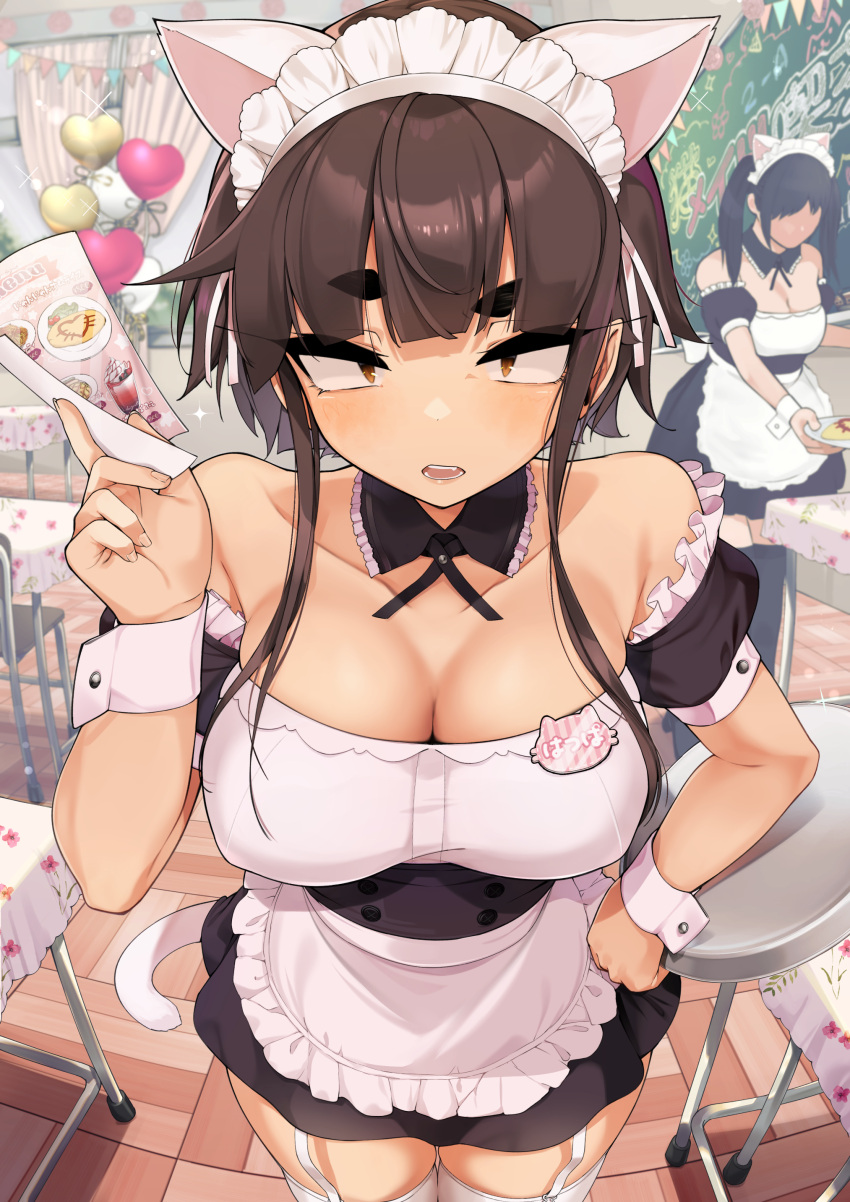 2girls absurdres alternate_costume animal_ears bare_shoulders breasts brown_eyes brown_hair cat_ears cat_tail cleavage collarbone commentary_request detached_collar enmaided fake_animal_ears garter_straps hand_on_hip highres holding holding_plate jovejun large_breasts looking_at_viewer maid maid_headdress multiple_girls original plate raised_eyebrow short_hair_with_long_locks solo_focus speech_bubble standing table tail thick_eyebrows translated tsubomioka_happa white_legwear