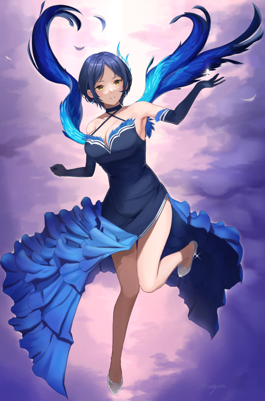 1girl armpits bangs black_dress black_gloves black_hair blue_wings breasts cleavage cloud cloudy_sky dress elbow_gloves feathers full_body glass_slipper gloves hair_ornament hayami_kanade highres idolmaster idolmaster_cinderella_girls large_breasts parted_bangs parted_lips short_hair shougun_(chuckni1) sky solo wings yellow_eyes
