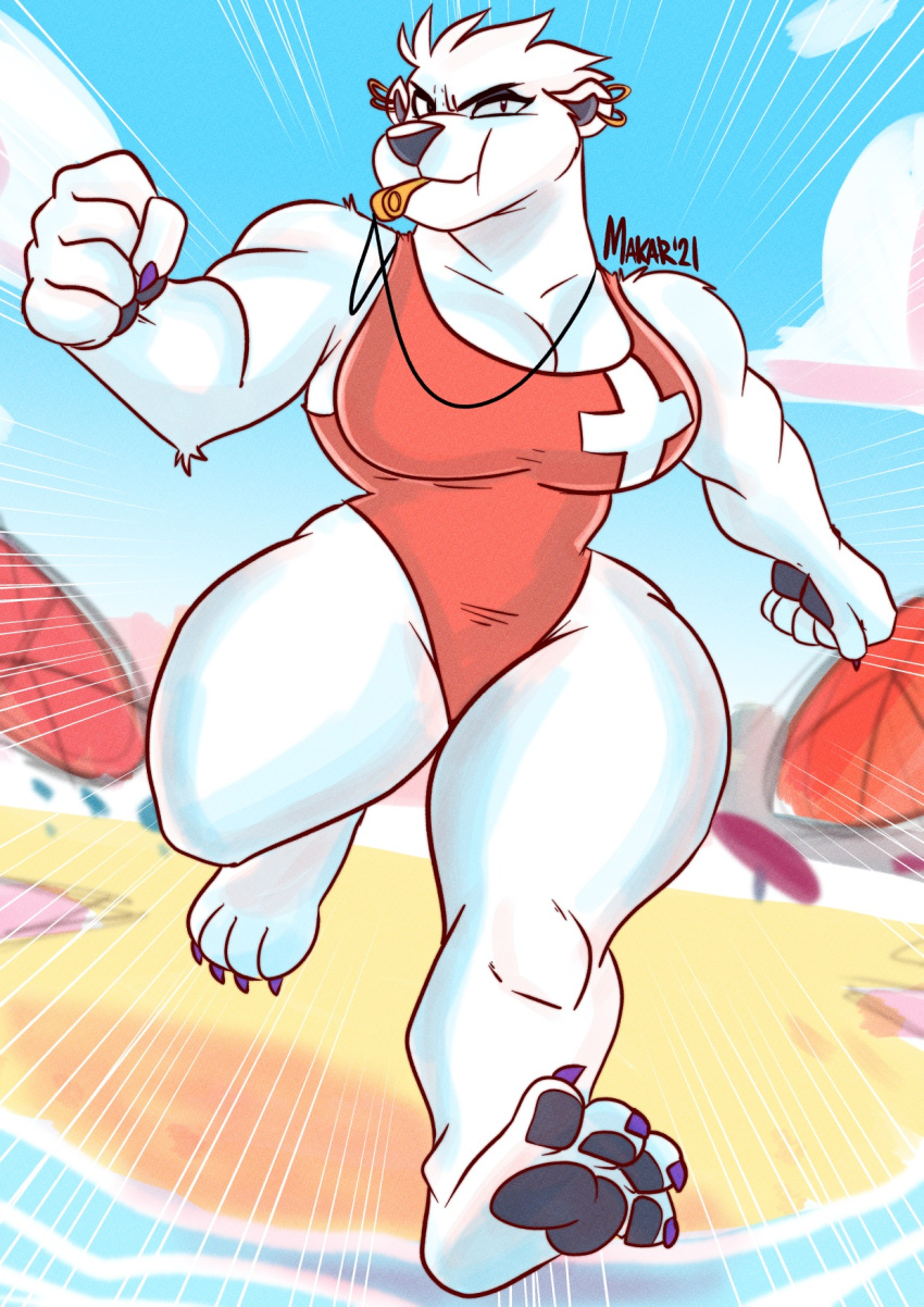 4_toes anthro beach breasts claws cleavage clothed clothing ear_piercing ear_ring feet female fur hi_res makardraws mammal pawpads paws piercing polar_bear seaside solo toe_claws toes umbrella ursid ursine whistle_(object) white_body white_fur wide_hips