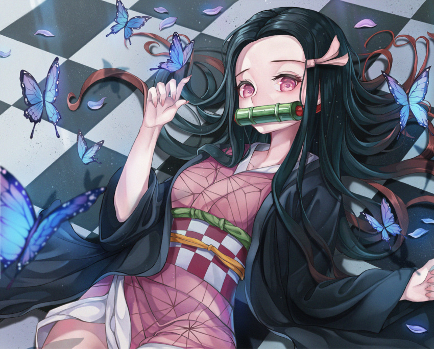 1girl asa_no_ha_(pattern) bamboo bit_gag black_haori bug butterfly checkered checkered_floor checkered_obi claws forehead gag gradient_hair insect japanese_clothes kamado_nezuko kimetsu_no_yaiba kimono lime_namu long_hair looking_at_viewer lying mouth_hold multicolored_hair on_back pink_eyes pink_kimono pink_ribbon ribbon solo thighs