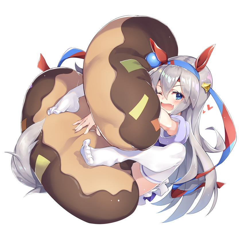 1girl absurdres animal_ears bangs blue_eyes blush doughnut ear_covers eyebrows_visible_through_hair fang food full_body hair_between_eyes hairband headband heart highres horse_ears horse_girl horse_tail long_hair looking_at_viewer moeki_yuuta no_shoes one_eye_closed open_mouth pillow puffy_short_sleeves puffy_sleeves school_uniform short_sleeves silver_hair simple_background skin_fang smile solo tail tamamo_cross_(umamusume) thighhighs tracen_school_uniform umamusume white_background white_legwear