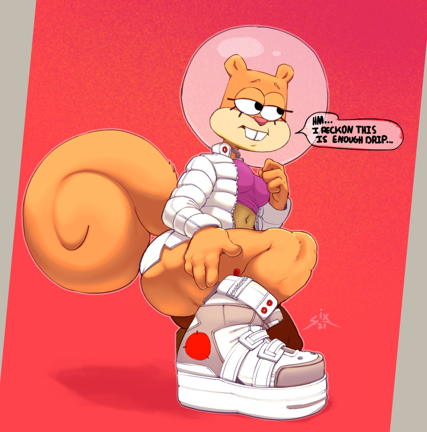 absurd_res anthro breasts clothing dialogue female footwear hi_res kneeling mammal nickelodeon on_one_knee rodent sandy_cheeks sciurid shoes sixsidesofmyhead solo spongebob_squarepants tree_squirrel