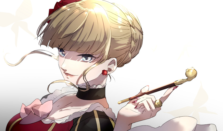 1girl absurdres beatrice_(umineko) blonde_hair blue_eyes bow braid braided_bun brown_dress choker collarbone dress earrings flower flower_earrings frilled_choker frilled_dress frills hair_flower hair_ornament highres jewelry kiseru nail_polish parted_lips pipe ring sofy solo striped umineko_no_naku_koro_ni vertical_stripes