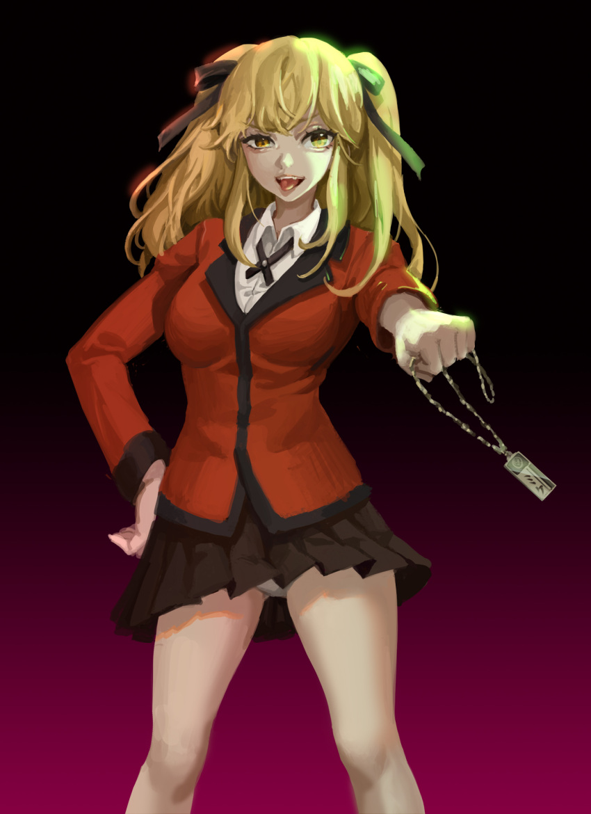 1girl bangs black_background black_ribbon black_skirt blonde_hair breasts cowboy_shot fangs gradient gradient_background hair_ribbon hand_on_hip highres holding holding_jewelry holding_necklace hy_(hungyu) hyakkaou_academy_uniform jacket jewelry kakegurui large_breasts long_hair looking_at_viewer necklace panties pink_background pleated_skirt red_jacket ribbon saotome_meari school_uniform shirt skirt smile solo standing tongue tongue_out twintails underwear white_panties white_shirt