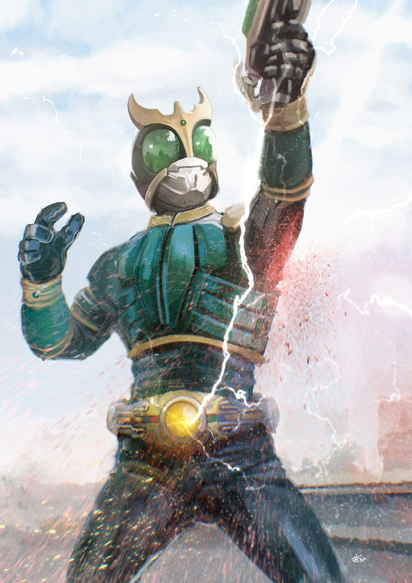 1boy black_gloves cloud electricity gloves green_eyes gun highres holding holding_gun holding_weapon kamen_rider kamen_rider_kuuga kamen_rider_kuuga_(series) looking_up male_focus open_hand power_armor sky solo tokusatsu v-fin weapon yygnzm