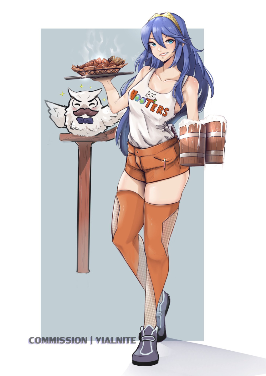 1girl bird blue_eyes blue_hair blush breasts cleavage commission employee_uniform feh_(fire_emblem_heroes) fire_emblem fire_emblem_awakening fire_emblem_heroes hair_between_eyes highres hooters long_hair looking_at_viewer lucina_(fire_emblem) no_legwear owl short_shorts shorts simple_background smile solo tank_top tiara uniform vialnite