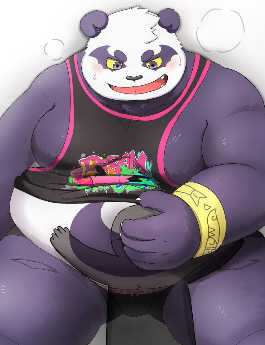 2021 alp_(tas) anhrmgzo anthro belly black_nose blush bodily_fluids clothing cute_fangs duo fur giant_panda hi_res hug kemono male mammal moobs overweight overweight_male purple_body purple_fur shirt solo_focus sweat tokyo_afterschool_summoners topwear ursid video_games white_body white_fur