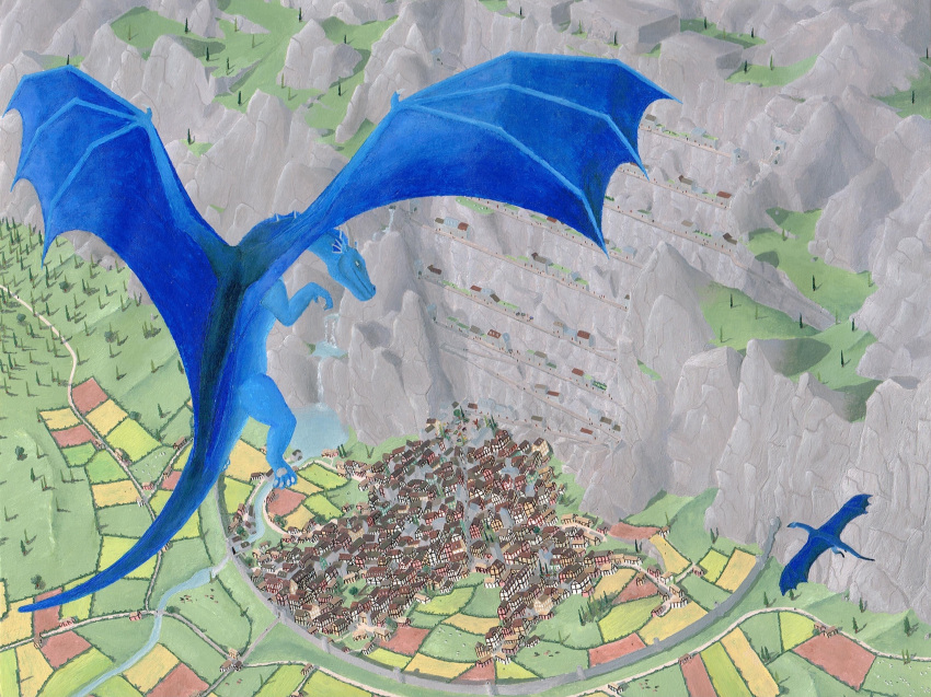 absurd_res ambiguous_gender blue_body blue_frill blue_wings building city city_wall cityscape cliff detailed_background dragon farm fence feral flying forest fortress frill_(anatomy) head_crest head_frill hedge hedges hi_res hill horn house kylaryn lake market_stall marketplace membrane_(anatomy) membranous_frill membranous_wings mountain outside plant ramp river rmmlusitania road rock tower traditional_media_(artwork) tree wall_(structure) water_wheel waterfall wattle_and_daub wings