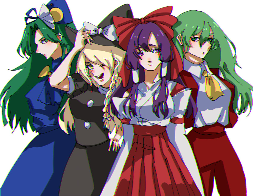 4girls apron ascot black_dress blonde_hair blue_dress bow braid broom buttons detached_sleeves dress green_eyes green_hair hair_bow hair_tubes hakama hakama_skirt hakurei_reimu hakurei_reimu_(pc-98) hat hat_bow hat_iue highres holding holding_clothes holding_hat japanese_clothes kazami_yuuka kazami_yuuka_(pc-98) kimono kirisame_marisa long_hair miko mima_(touhou) multiple_girls pants plaid plaid_pants plaid_vest purple_eyes purple_hair red_bow red_hakama ribbon-trimmed_sleeves ribbon_trim shirt side_braid single_braid sun_print touhou touhou_(pc-98) turtleneck vest waist_apron white_bow white_kimono white_shirt wide_sleeves witch_hat wizard_hat yellow_eyes yellow_neckwear