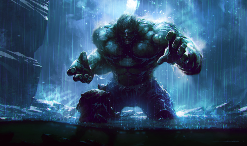 2boys absurdres blue_pants bodysuit claws colored_skin commentary english_commentary fighting green_skin height_difference highres horns hulk kalmahul looking_at_another male_focus marvel multiple_boys muscular muscular_male night pants rain scenery short_hair standing wading water wolverine