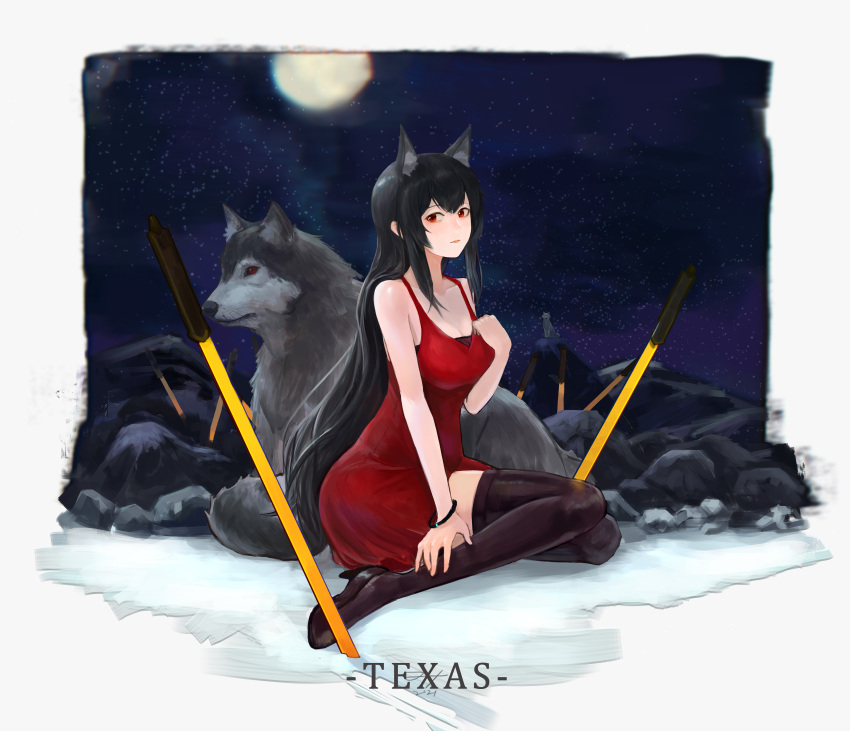 1girl absurdres ahong alternate_costume animal_ears arknights bare_arms bare_shoulders black_footwear black_hair black_legwear breasts character_name chinese_commentary cleavage commentary_request dress full_moon high_heels highres long_hair medium_breasts moon night night_sky planted_sword planted_weapon red_dress red_eyes short_dress sky solo spaghetti_strap sword texas_(arknights) thighhighs very_long_hair weapon wolf wolf_ears zettai_ryouiki